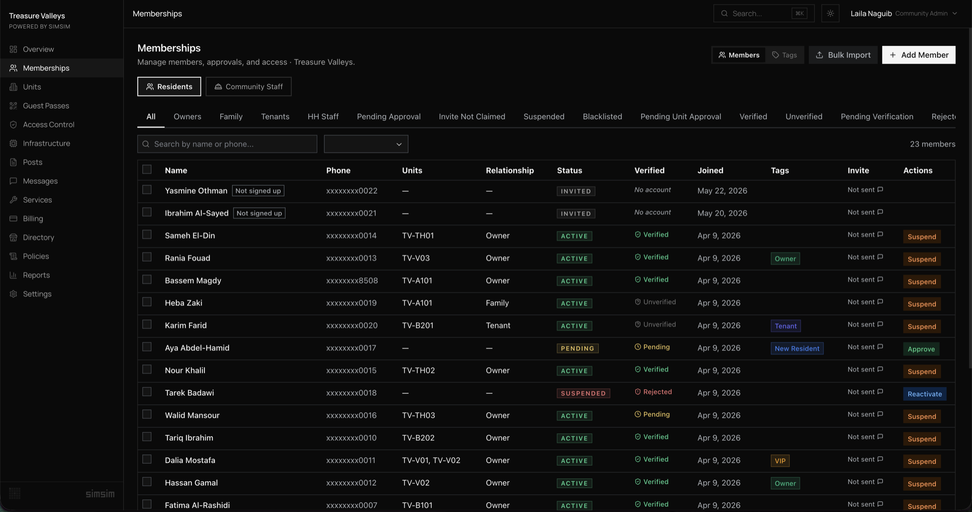 Memberships management screen